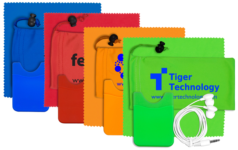 Mobile Tech Earbud Kit with Microfiber Cloth, Silicone Cell Phone Wallet in Microfiber Cinch Pouch Mobile Tech Earbud Kit with Microfiber Cloth, Silicone Cell Phone Wallet in Microfiber Cinch Pouch